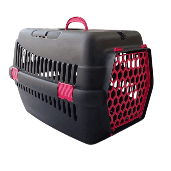 Sturdy plastic portable pet cage with ventilation holes, sturdy folding handle, and easy-open latch to secure door Length 34 cm Width 55cm Height 37 cm