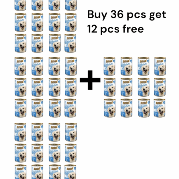 Buy 36 Fish Dog Food Cans, Get 12 Free – 405g Each