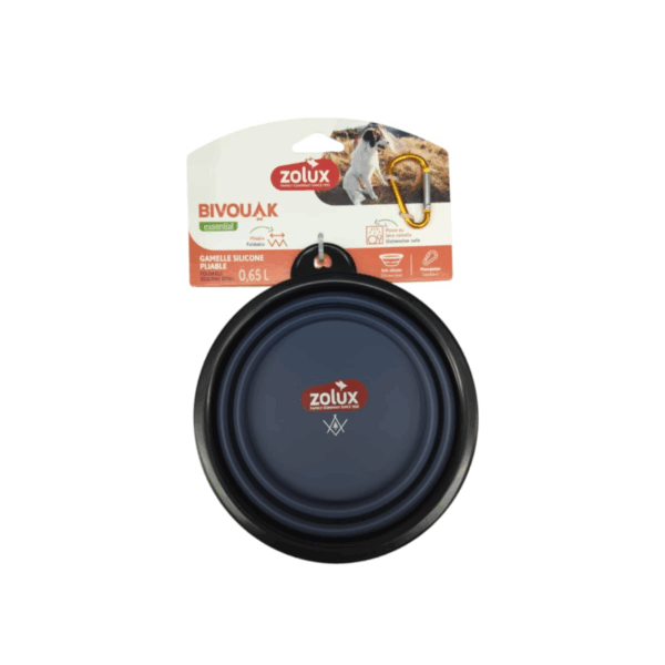Practical collapsible silicone bowl – ideal for travel with pets, space-saving design, in a stylish navy blue color. 0.65 Litter