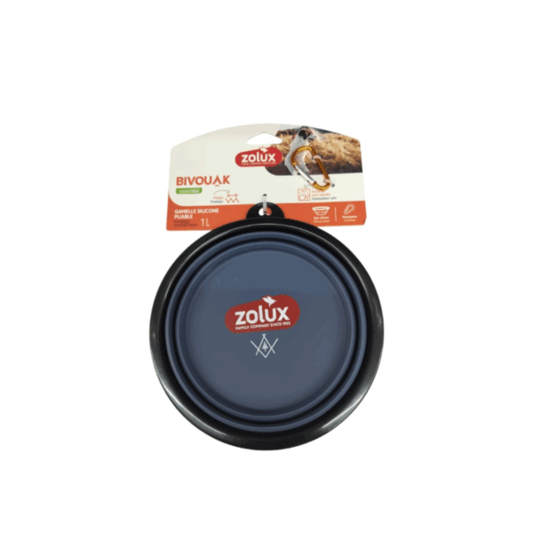 Practical collapsible silicone bowl – ideal for travel with pets, space-saving design, in a stylish navy blue color. 1 Litter