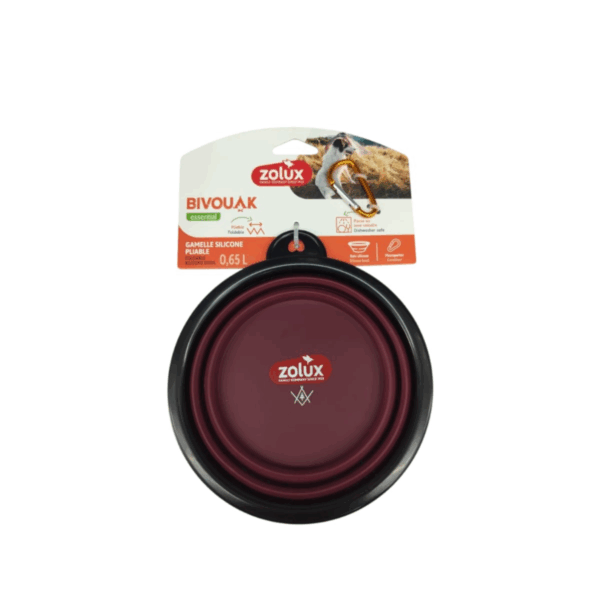 Practical collapsible silicone bowl – ideal for travel with pets, space-saving design, in a stylish burgundy color. 0.65 Litter