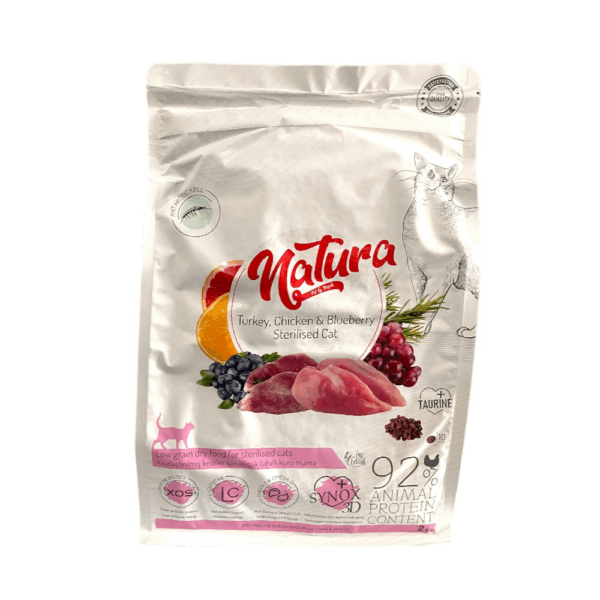Natura Sterilised Cat Food – Chicken, Turkey & Blueberry (2kg)