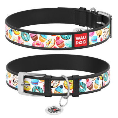 WAUDOG Design genuine leather dog collar with QR passport, "Donuts" design, XL, W 35 mm, L 46-59 cm, black