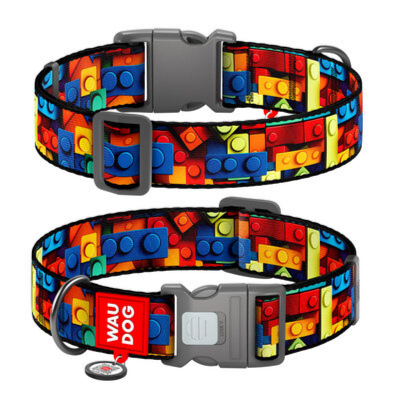 WAUDOG Nylon dog collar with QR pet tag, "Blocks" design, XXL, W 35 mm, L 46-70 cm