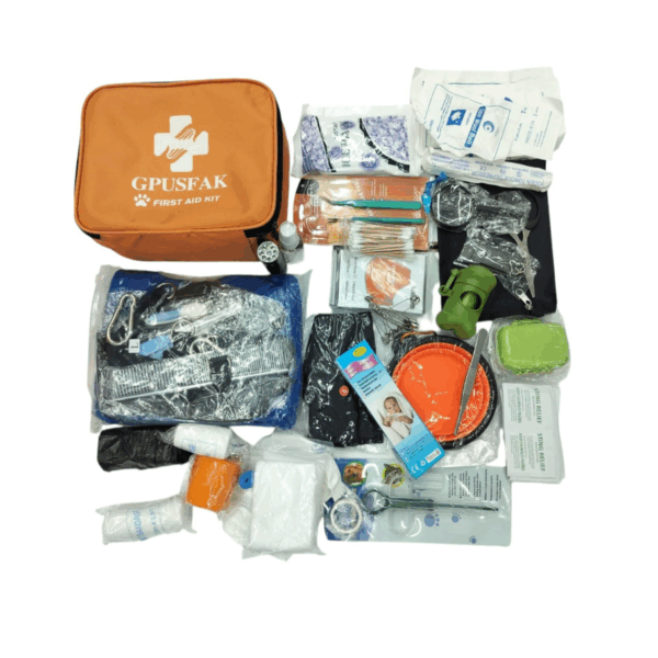 First Aid Supplies Kit , Includes Bandages, Scissors, Magnifying Glass, Nail File, Pet Comb, Collapsible Water Bowl, Litter Bag With Holder, Grooming Supplies, And More.