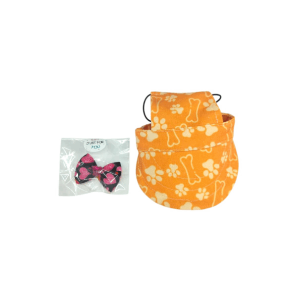 Orange Pet Hat with Paw & Bone Pattern, with small ribbon, Fun and Stylish Design in Size L