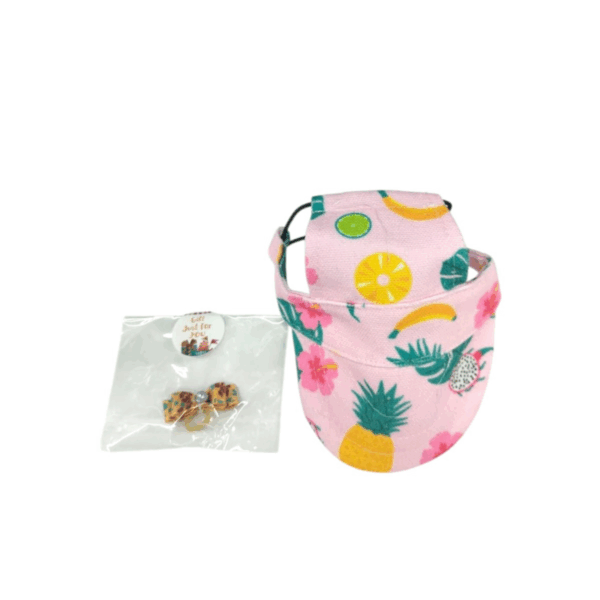 Adorable Pink Hat and small ribbon for hair with Fruit Design for Pets – Tropical Vibes, Size S