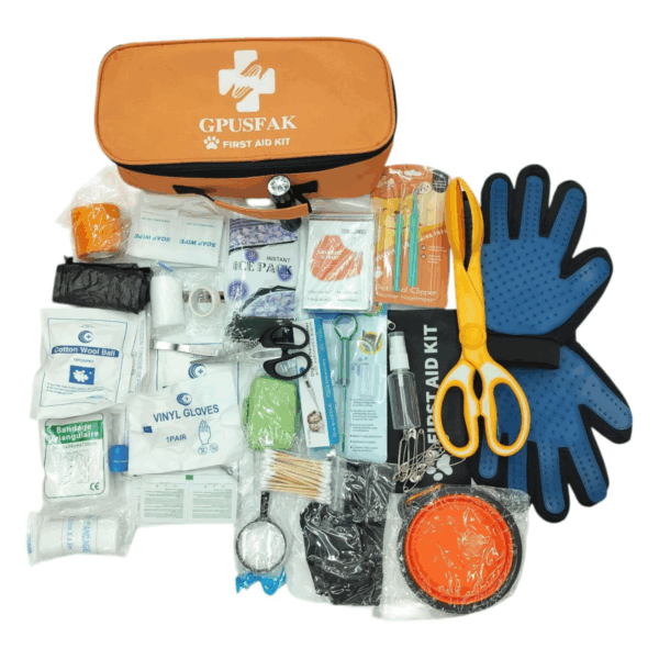 First Aid Supplies Kit , Contains Bandages, Scissors, Magnifying Glass, Nail File, Collapsible Water Bowl, Flashlight, Grooming Gloves, Ear Swabs, Grooming Supplies And More.