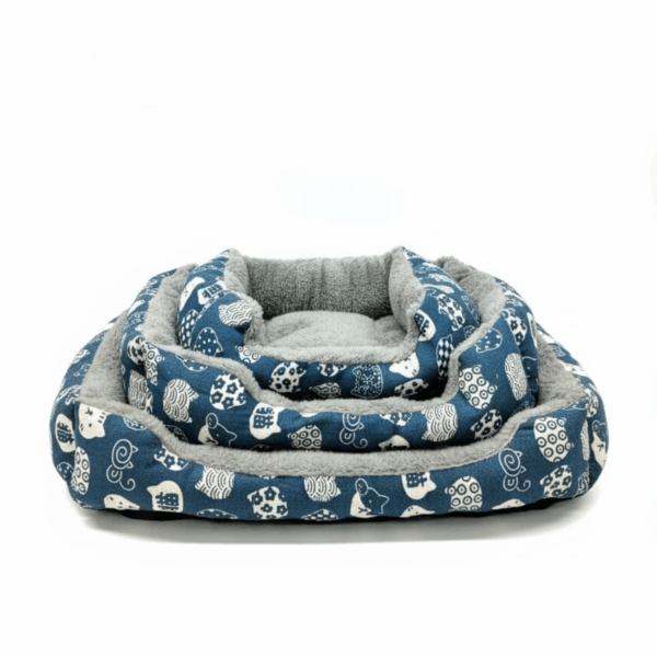 Elegant Blue Bed Set – Combining Luxury and Comfort in One Design, three sizes to perfectly fit your pet’s needs: Big Size: Length 55 cm × Width 49 cm Medium Size: Length 44 cm × Width 40 cm Small Size: Length 30 cm × Width 30 cm