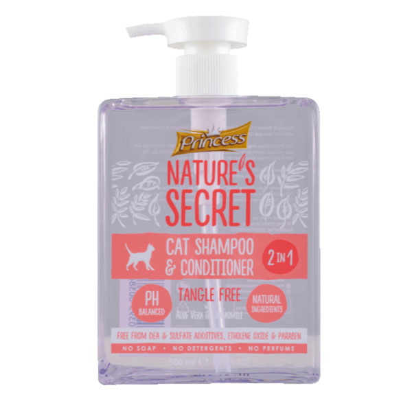 Princess Cat Shampoo & Conditioner with ALOE VERA & CHAMOMILE , to keep your pet’s coat tangle-free, soft, and manageable 500 ml