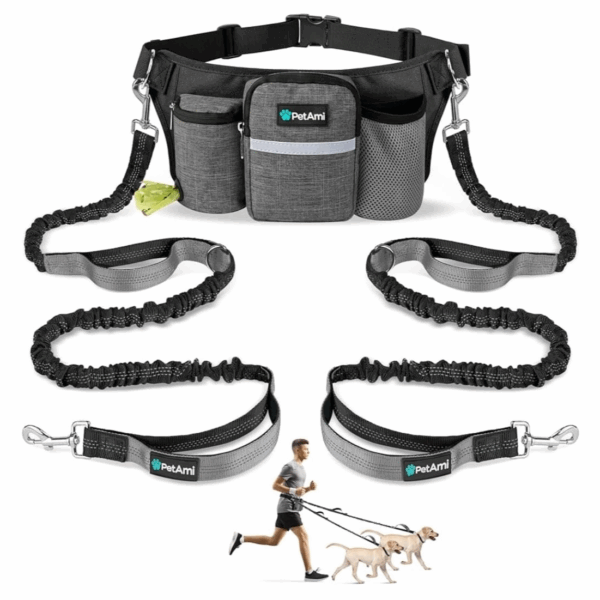 Practical Dual Hands-Free Dog Leash – Comfortable Design with Adjustable Waist, Elegant Gray Color, Leash Length: 123cm – 180cm (Retractable) Waist Bag Length: 85cm – 120cm