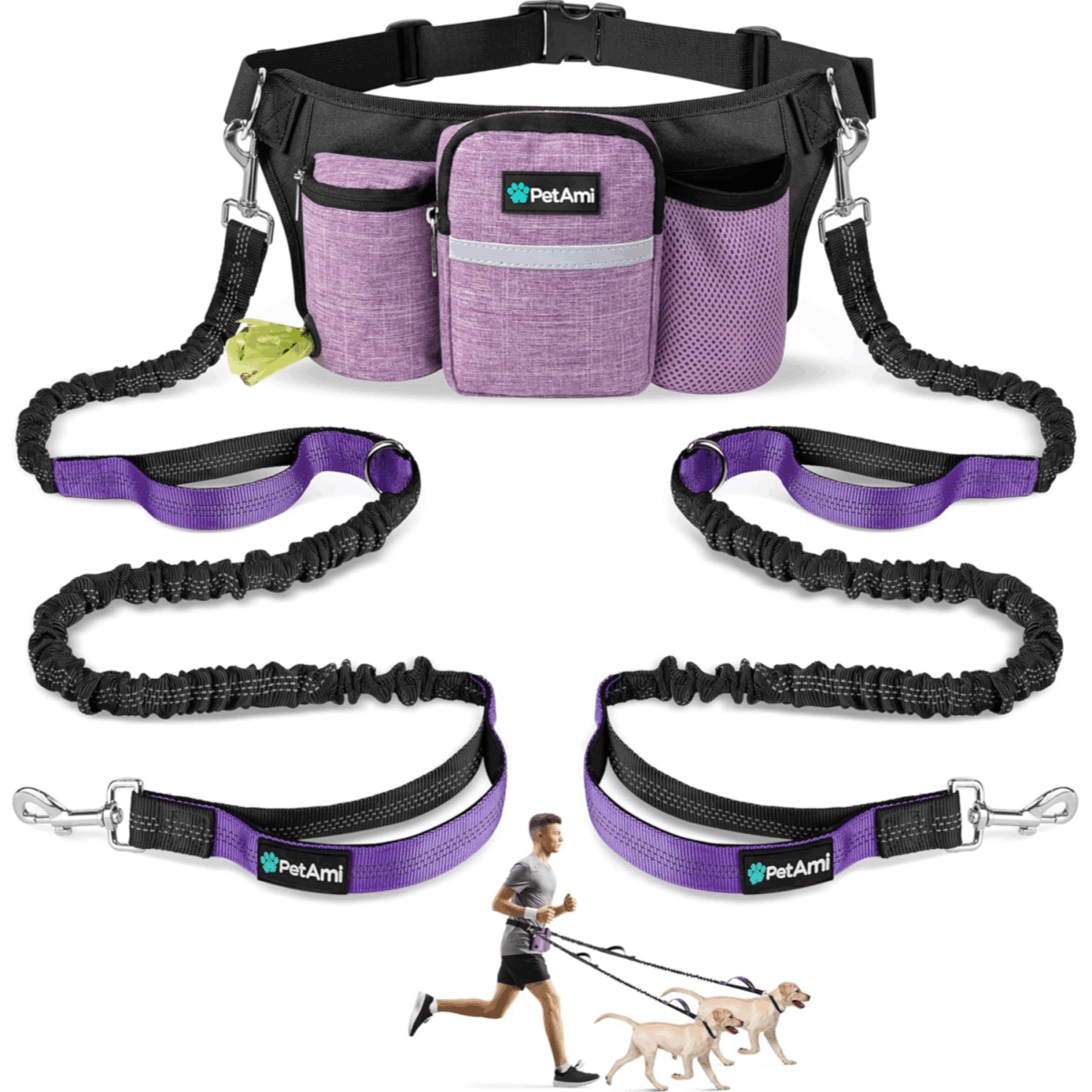 Practical Dual Hands-Free Dog Leash – Comfortable Design with Adjustable Waist, Elegant Purple Color, Leash Length: 123cm – 180cm (Retractable) Waist Bag Length: 85cm – 120cm