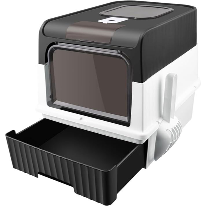 Cat Litter Box with Cover, 2-in-1 use , can be used as a fully closed cat litter box or as an open and removable cat litter box , Equipped with Scooper & removable drawer for Easy clean ,Length 49 CM, Width 35 CM, Height 37 Cm