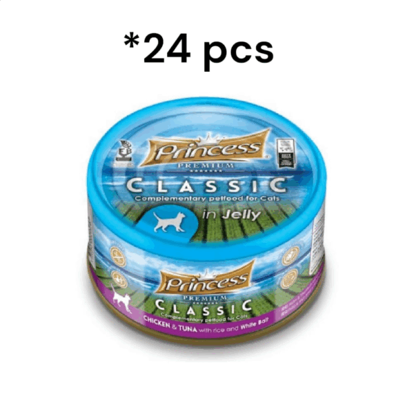 Princess Premium Chicken & Tuna With Rice & White Bait Cat Wet Food 170G*24 Pcs برنسيس بريميوم طعام رطب للقطط مع الدجاج والتونة والأرز والبايت الأبيض - 170 جرام* 24 قطعه