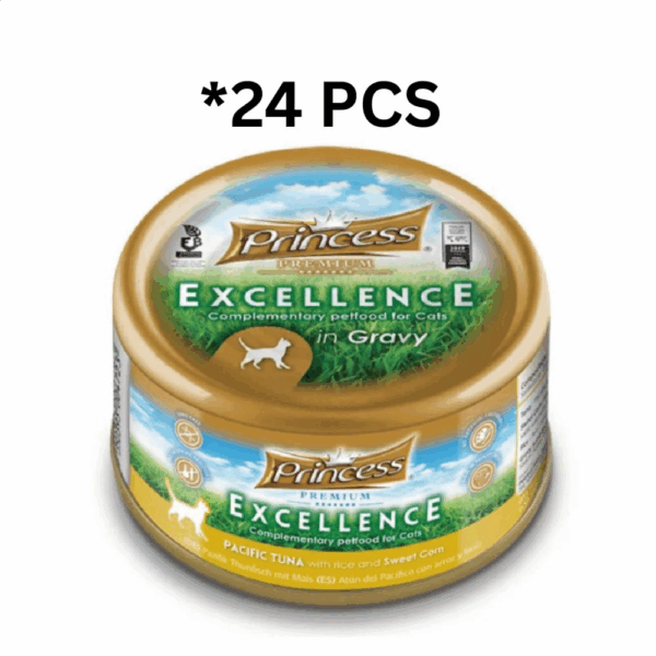 Princess Excellence Pacific Tuna With Rice & Sweet Corn Cat Wet Food 70G* 24 PCs برنسيس إكسلنس طعام رطب للقطط مع التونة الباسيفيكية والأرز والذرة الحلوة - 70 جرام* 24 قطعه