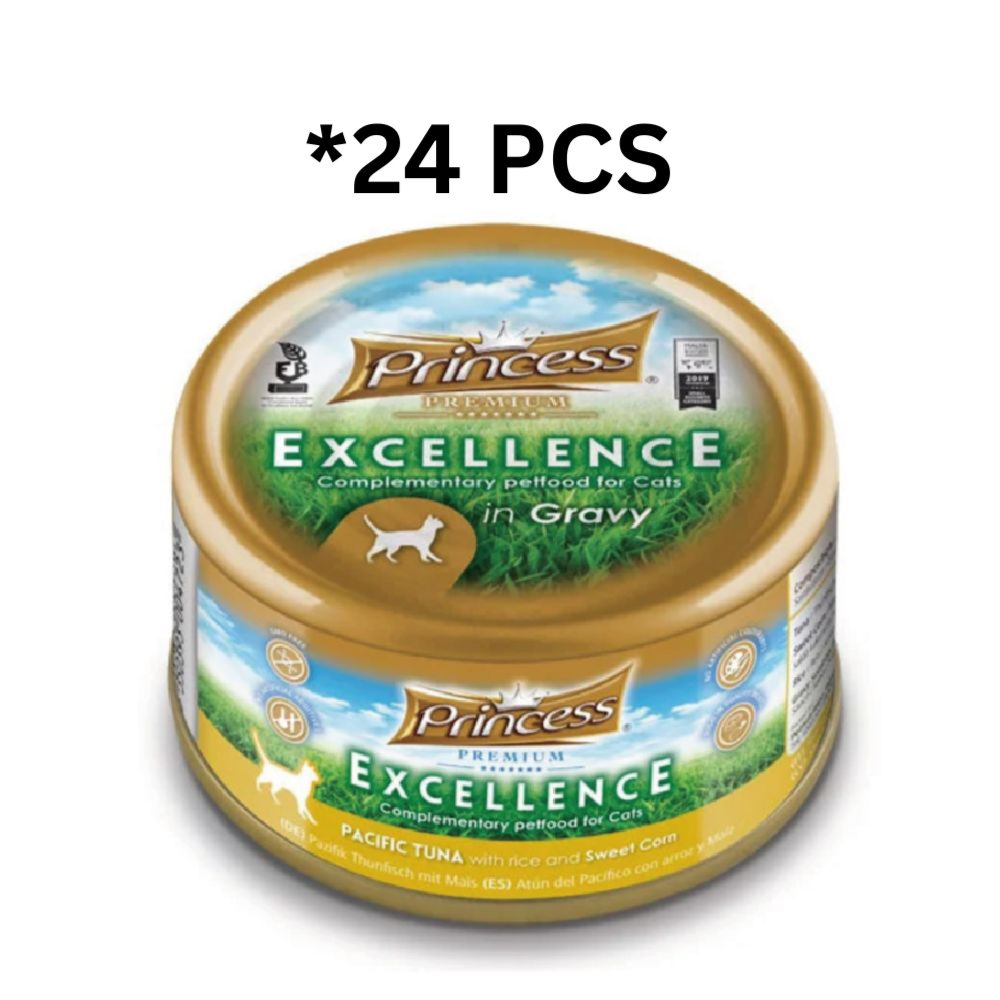 Princess Excellence Pacific Tuna With Rice & Sweet Corn Cat Wet Food 70G* 24 PCs برنسيس إكسلنس طعام رطب للقطط مع التونة الباسيفيكية والأرز والذرة الحلوة - 70 جرام* 24 قطعه