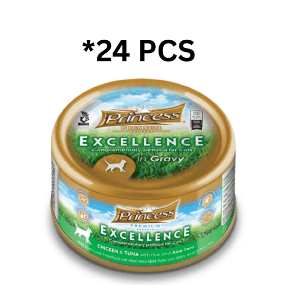 Princess Excellence Chicken & Tuna With Rice & Aloe Vera Cat Wet Food 70G* 24 Pcs برنسيس إكسلنس طعام رطب للقطط مع الدجاج والتونة والأرز والصبار - 70 جرام*24 قطعة
