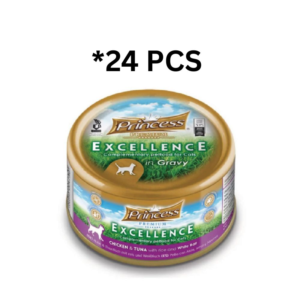 Princess Excellence Chicken & Tuna With Rice & White Bait Cat Wet Food 70G * 24 Pcs برنسيس إكسلنس طعام رطب للقطط مع الدجاج والتونة والأرز والأنشوجة - 70 جرام * 24 قطعة