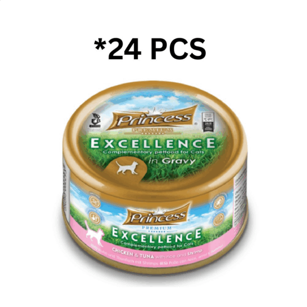 Princess Excellence Chicken & Tuna With Rice & Shrimp Cat Wet Food 70G* 24 PCs برنسيس إكسلنس طعام رطب للقطط مع الدجاج والتونة والأرز والروبيان - 70 جرام * 24 قطعة