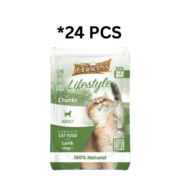 Princess Life Style Chunks with Lamb Cat Wet Food Pouch100g *24 PCS - برنسيس لايف ستايل طعام رطب للقطط مع قطع لحم الضأن - 100 جرام *24 قطعة