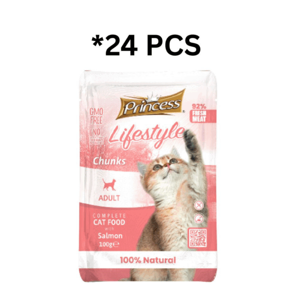 Princess Life Style Chunks With Salmon Cat Wet Food Pouch 100G *24 PCS - برنسيس لايف ستايل طعام رطب للقطط مع قطع السلمون - 100 جرام *24 قطعة