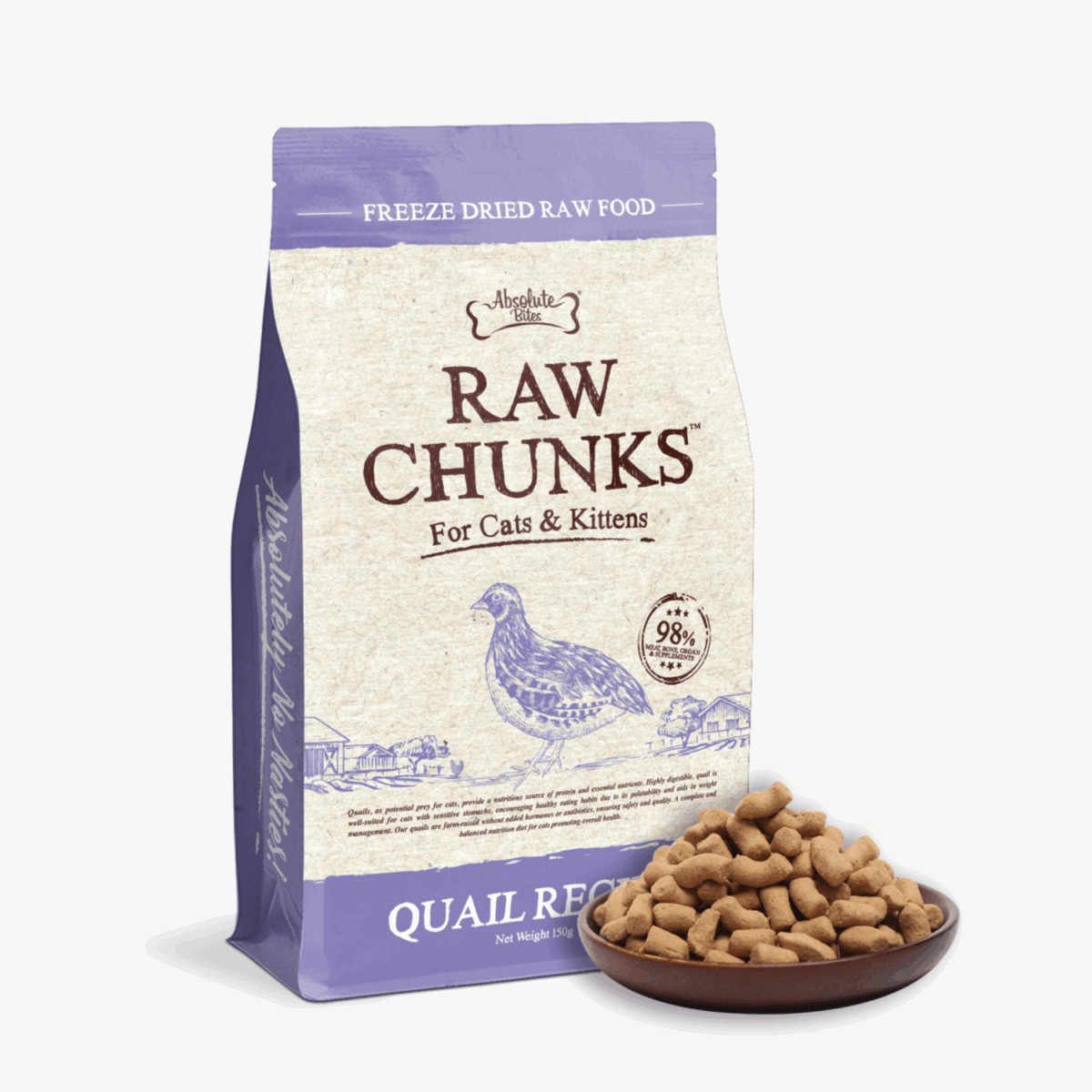 Absolute Bites Raw Chunks Freeze Dried Raw Food for Cats & Kittens - Quail Recipe 150g
