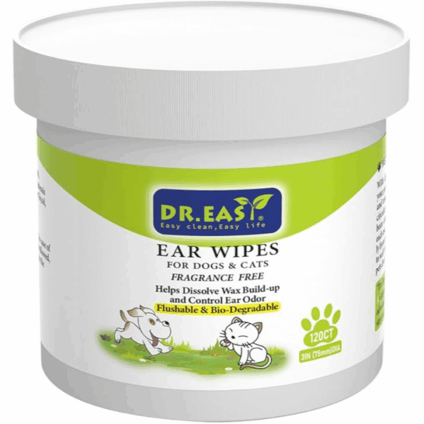 Dr. Easy Pet Ear Care Wipes, fragrance-free , help to dissolve wax buildup and control ear odor, disposable and compostable,120 ct