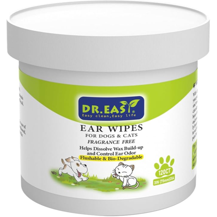 Dr. Easy Pet Ear Care Wipes, fragrance-free , help to dissolve wax buildup and control ear odor, disposable and compostable,120 ct