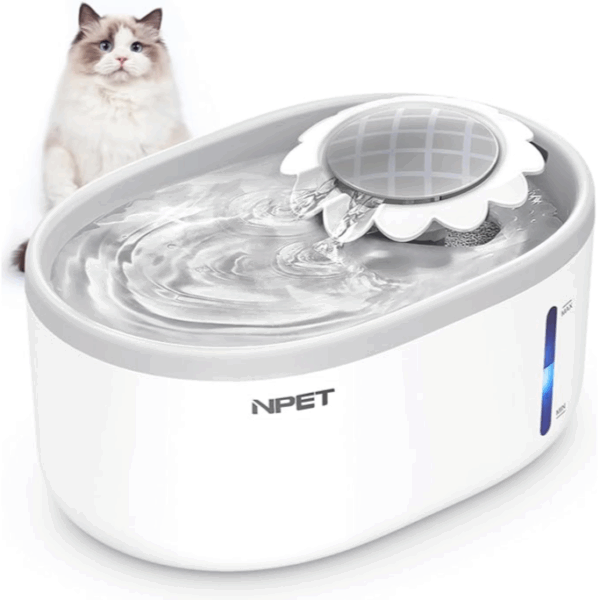 NPET pet Automatic Water Fountain with Visible Water Level Window with Dispenser for Smart Drinking Fountain 2L White color - نافورة مياه أوتوماتيكية للحيوانات الأليفة مزودة بنافذة عرض مستوى الماء وموزع لتوفير مياه شرب ذكية 2لتر .لون ابيض