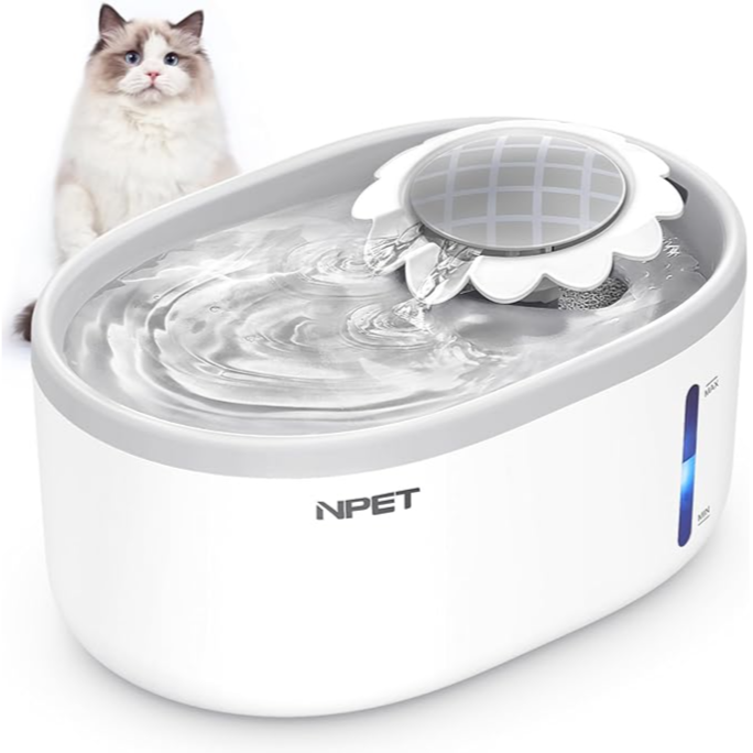 NPET pet Automatic Water Fountain with Visible Water Level Window with Dispenser for Smart Drinking Fountain 2L White color - نافورة مياه أوتوماتيكية للحيوانات الأليفة مزودة بنافذة عرض مستوى الماء وموزع لتوفير مياه شرب ذكية 2لتر .لون ابيض