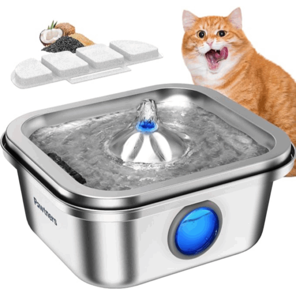 Pawtners Stainless Steel Pet Water Fountain, 4 L, Automatic Drink Dispenser with Water Level Window, Filter, Quiet Pump, Silver - نافورة مياه للحيوانات الأليفة من الفولاذ المقاوم للصدأ، سعة 4 لترات، مع نافذة لمستوى الماء، فلتر، مضخة هادئة، فضي
