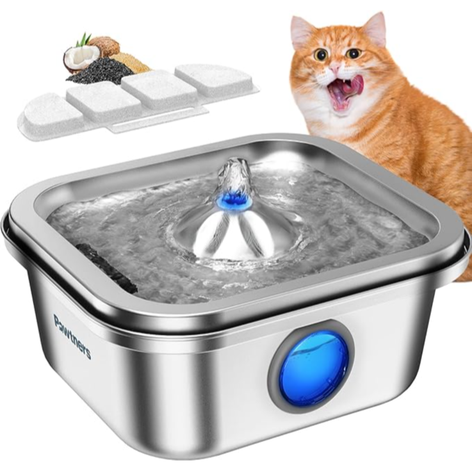 Pawtners Stainless Steel Pet Water Fountain, 4 L, Automatic Drink Dispenser with Water Level Window, Filter, Quiet Pump, Silver - نافورة مياه للحيوانات الأليفة من الفولاذ المقاوم للصدأ، سعة 4 لترات، مع نافذة لمستوى الماء، فلتر، مضخة هادئة، فضي