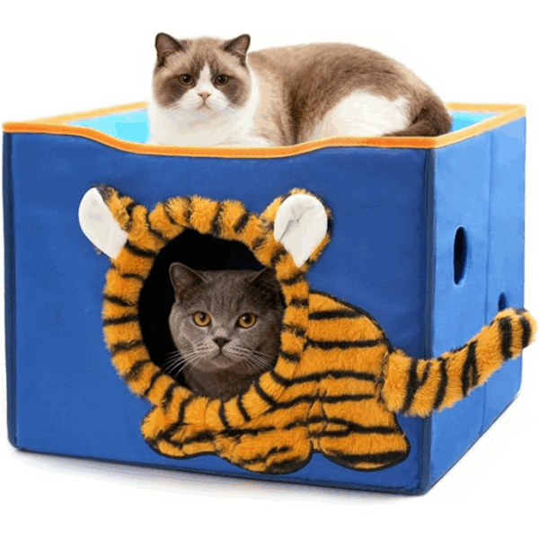 CWV Cat Houses, Cute Cat Bed with Scratch Pillow, Folding Cat Cube for Many Big Cats, Lion Design 27cm - بيت قطط ، مع وسادة للخدش، قابل للطي, تصميم أسد الطول 43 سم، العرض 43 سم، الارتفاع 33 سم