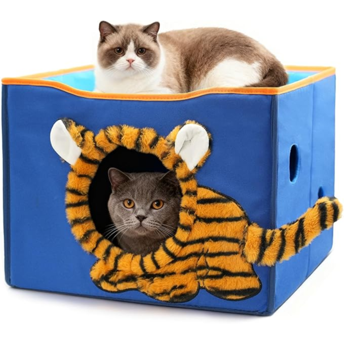 CWV Cat Houses, Cute Cat Bed with Scratch Pillow, Folding Cat Cube for Many Big Cats, Lion Design 27cm - بيت قطط ، مع وسادة للخدش، قابل للطي, تصميم أسد الطول 43 سم، العرض 43 سم، الارتفاع 33 سم