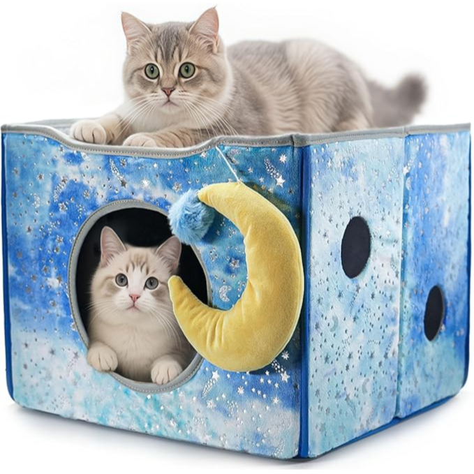 CWV Cat Houses, Cute Cat Bed with Scratch Pillow, Folding Cat Cube for Many Big Cats,Lion Design 28cm - بيت قطط لطيف مع وسادة للخدش، قابل للطي ، بتصميم أسد الطول 43 سم، العرض 43 سم، الارتفاع 33 سم