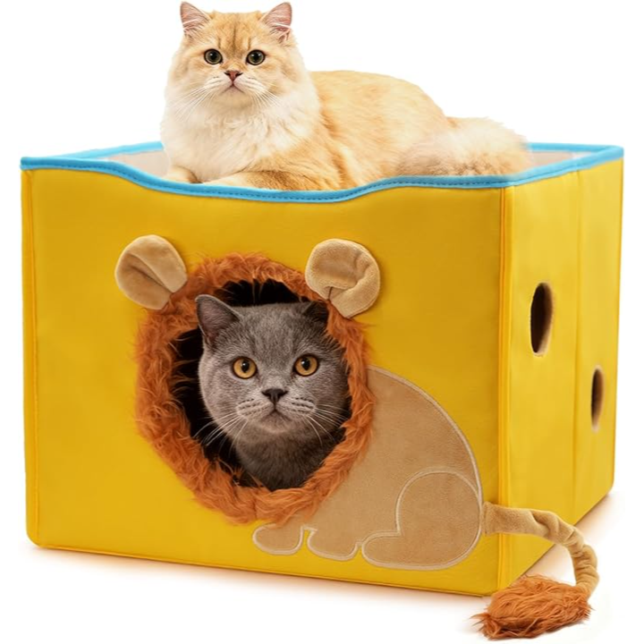 CWV Cat Houses, Cute Cat Bed with Scratch Pillow, Folding Cat Cube for Many Big Cats,Lion Design 26cm - بيت قطط ، مع وسادة للخدش قابل للطي ، بتصميم أسد الطول 43 سم، العرض 43 سم، الارتفاع 33 سم