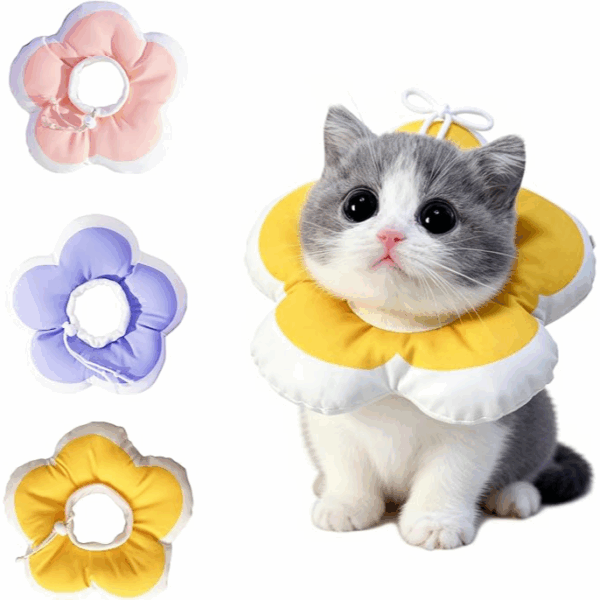 Soft and adjustable post-surgery cat collar, waterproof electric collar, soft to stop licking, yellow flower design, size XS - طوق القطط ناعم وقابل للتعديل بعد الجراحة، ياقة مقاومة للماء ناعمة لإيقاف اللعق بتصميم زهرة صفراء، مقاس XS