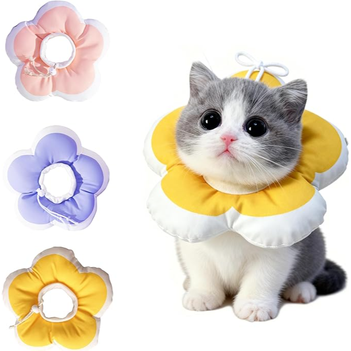 Soft and adjustable post-surgery cat collar, waterproof electric collar, soft to stop licking, yellow flower design, size XS - طوق القطط ناعم وقابل للتعديل بعد الجراحة، ياقة مقاومة للماء ناعمة لإيقاف اللعق بتصميم زهرة صفراء، مقاس XS