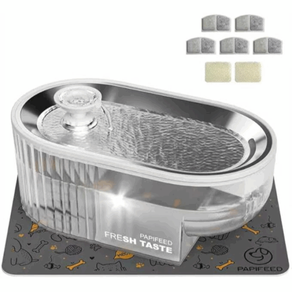 PPAPIFEED Smart pet water dispenser Fountain with Stainless Steel Tray + Silicone Mat + 5 Filters + 2 Sponges, 2.5L Automatic Pet Drinking Fountain, Ultra Quiet - نافورة مياه للقطط من بابيفيد مع صينية من الستانلس ستيل + حصيرة سيليكون + 5 فلاتر + 2 اسفنجة، نافورة شرب اوتوماتيكية للحيوانات الاليفة 2.5 لتر، فائقة الهدوء