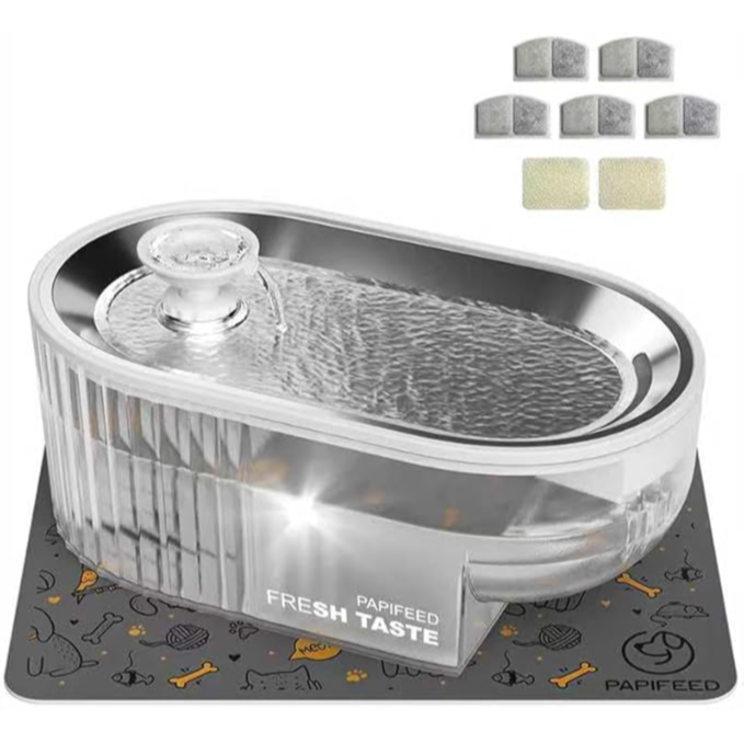 PPAPIFEED Smart pet water dispenser Fountain with Stainless Steel Tray + Silicone Mat + 5 Filters + 2 Sponges, 2.5L Automatic Pet Drinking Fountain, Ultra Quiet - نافورة مياه للقطط من بابيفيد مع صينية من الستانلس ستيل + حصيرة سيليكون + 5 فلاتر + 2 اسفنجة، نافورة شرب اوتوماتيكية للحيوانات الاليفة 2.5 لتر، فائقة الهدوء