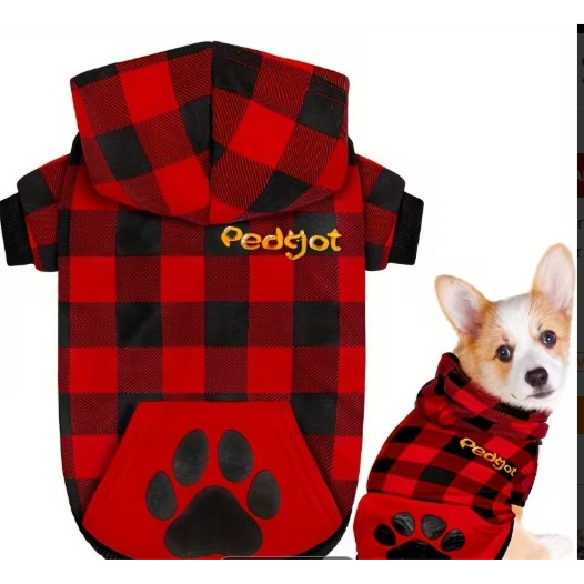 Warm Checkered Pet Dog Hoodie Red color M size  هودي دافئ للكلاب الأليفة بنقشة مربعات، لون أحمر، مقاس متوسط