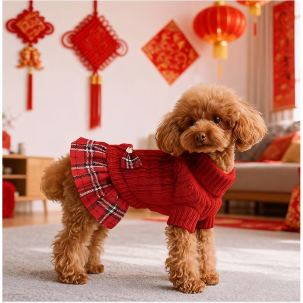 Red & Black Plaid Knit Turtleneck with Bowtie, Warm Winter Clothes for pet Sweater with Leash Hole M Size  كنزة صوفية حمراء وسوداء منقوشة بياقة عالية مع ربطة عنق، ملابس شتوية دافئة للحيوانات الأليفة، مزودة بفتحة للرباط، مقاس متوسط