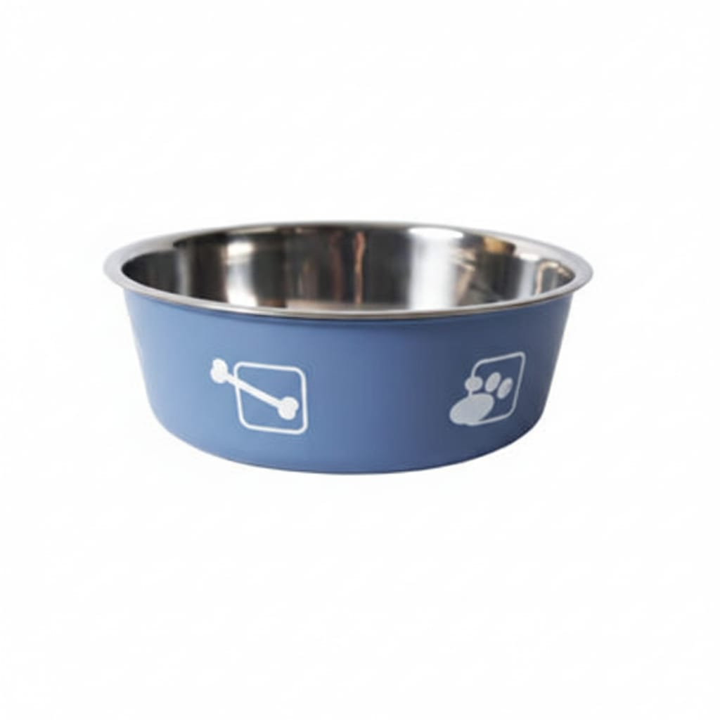 Stainless Steel Bowl for And Water, Suitable for PETs, Featuring a Non-Slip Rubber Base to Prevent Spills blue color - وعاء من الفولاذ المقاوم للصدأ للماء والصابون، مناسب لأوعية PET، مزود بقاعدة مطاطية مانعة للانزلاق لمنع الانسكابات باللون الازرق .