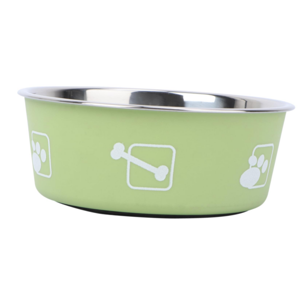Stainless Steel Bowl for And Water, Suitable for PETs, Featuring a Non-Slip Rubber Base to Prevent Spills green color - وعاء من الفولاذ المقاوم للصدأ للماء والصابون، مناسب لأوعية PET، مزود بقاعدة مطاطية مانعة للانزلاق لمنع الانسكابات لون اخضر.