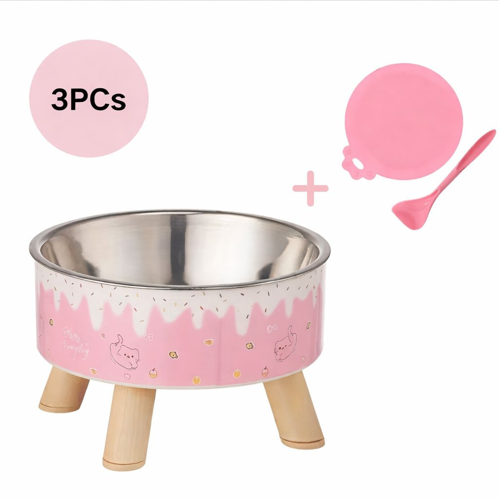 Set of 3pcs, Fashionable Pet Stainless Steel Bowl with Wet Food Spoon & Can Cover, pink  طقم من 3 قطع، وعاء طعام مرتفع مع ملعقة طعام رطب وغطاء،مصنوع من الفولاذ المقاوم للصدأ لون زهري