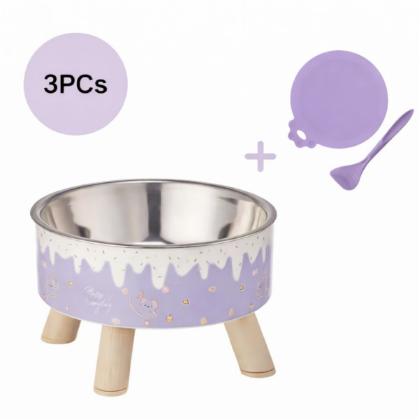 Set of 3pcs, Fashionable Pet Stainless Steel Bowl with Wet Food Spoon & Can Cover, purple  طقم من 3 قطع، وعاء طعام مرتفع مع ملعقة طعام رطب وغطاء،مصنوع من الفولاذ المقاوم للصدأ لون بنفسجي