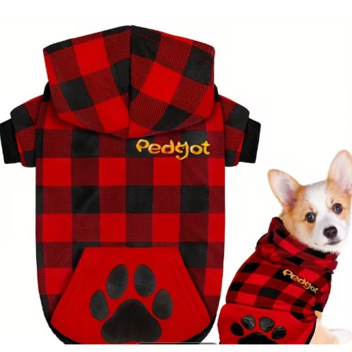 Warm Checkered Pet Dog Hoodie Red color Small size  هودي دافئ للكلاب الأليفة بنقشة مربعات، لون أحمر، مقاس صغير