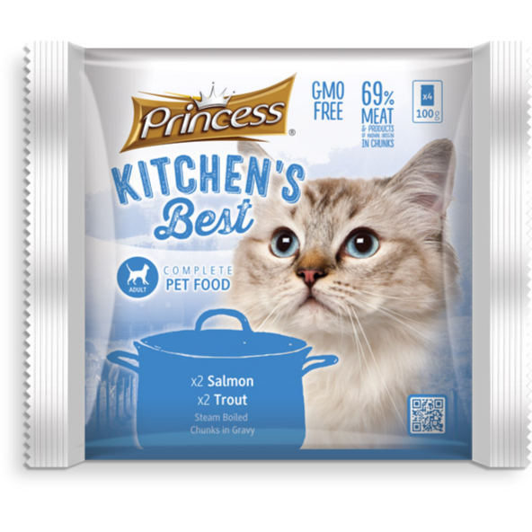 Complete Cat Food 70% Animal Protein, 2 Pack Salmon, 2 Pack Tourt (Gmo Free) Steam Boiled Chunks In Gravy 400G - وجبة كاملة للقطط بقطع مسلوقة بالبخار في المرق تحتوي علي عبوتان سمك السلمون، عبوتان من سمك السلمون المرق , خالية من الحبوب 400 جرام