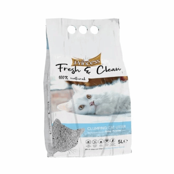 Princess Fresh & Clean Baby Powder Scent, Super Clumping Dust Free Cat Litter 5L - برينسيس فريش آند كلين رمل قطط برائحة بودرة الأطفال عالى التكتل وخالي من الغبار - 5 لتر