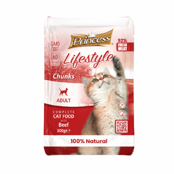Princess Life Style Chunks With Beef Cat Wet Food Pouch 100G - برنسيس لايف ستايل طعام رطب للقطط مع قطع اللحم البقري - 100 جرام